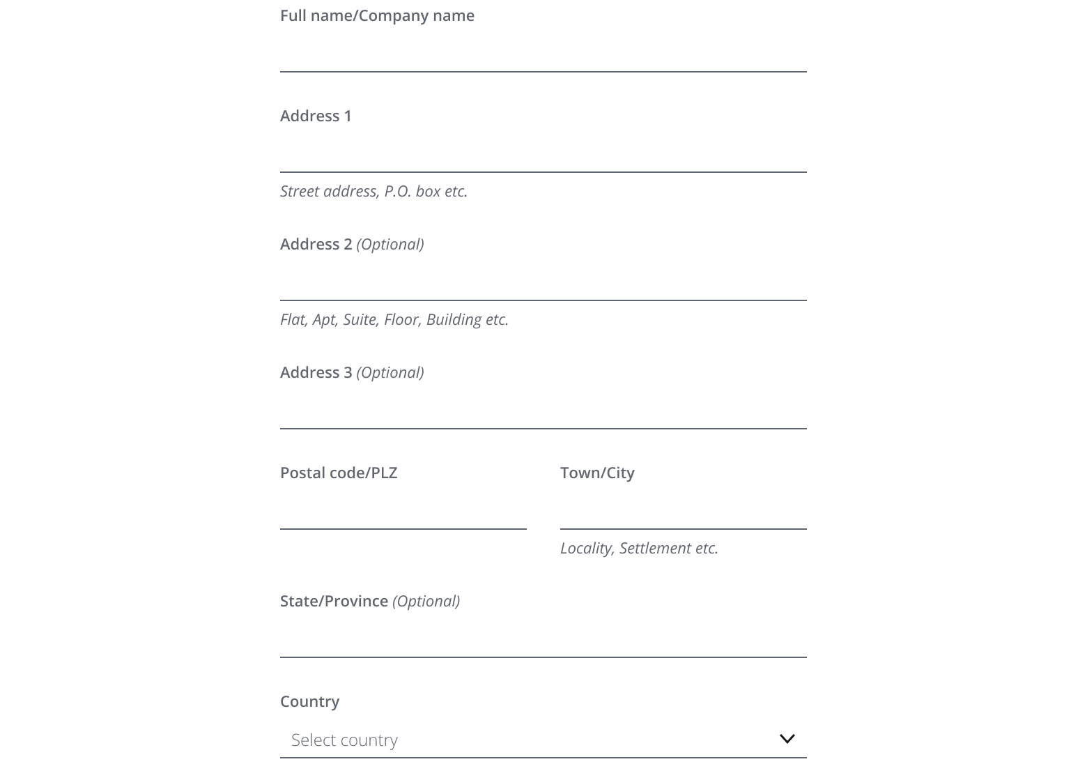 An international address form.